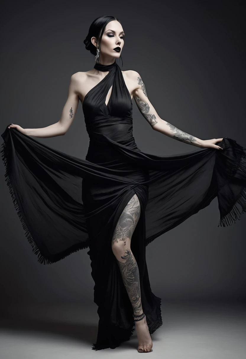 A stunning, high-realistic, studio photograph of a slender scandinavian skinny scandinavian woman, (Ingrid Mueller) 35 years old, goth woman. black dyed hair , sidecut and braided hairstyle dancing, pale skin. tattoos . gothic make-up, dancing . clothed only in intricately draped, flowing black silk scarves, evoking a sense of elegance and grace. Captured in a monochromatic color palette, the black and white tone amplifies the textures and shadows, adding depth to the fluid, energetic movement of the subject. Soft, diffused lighting accentuates the woman's sinuous curves, as her slender limbs seem to blur in motion, exuding a sense of freedom and joy.