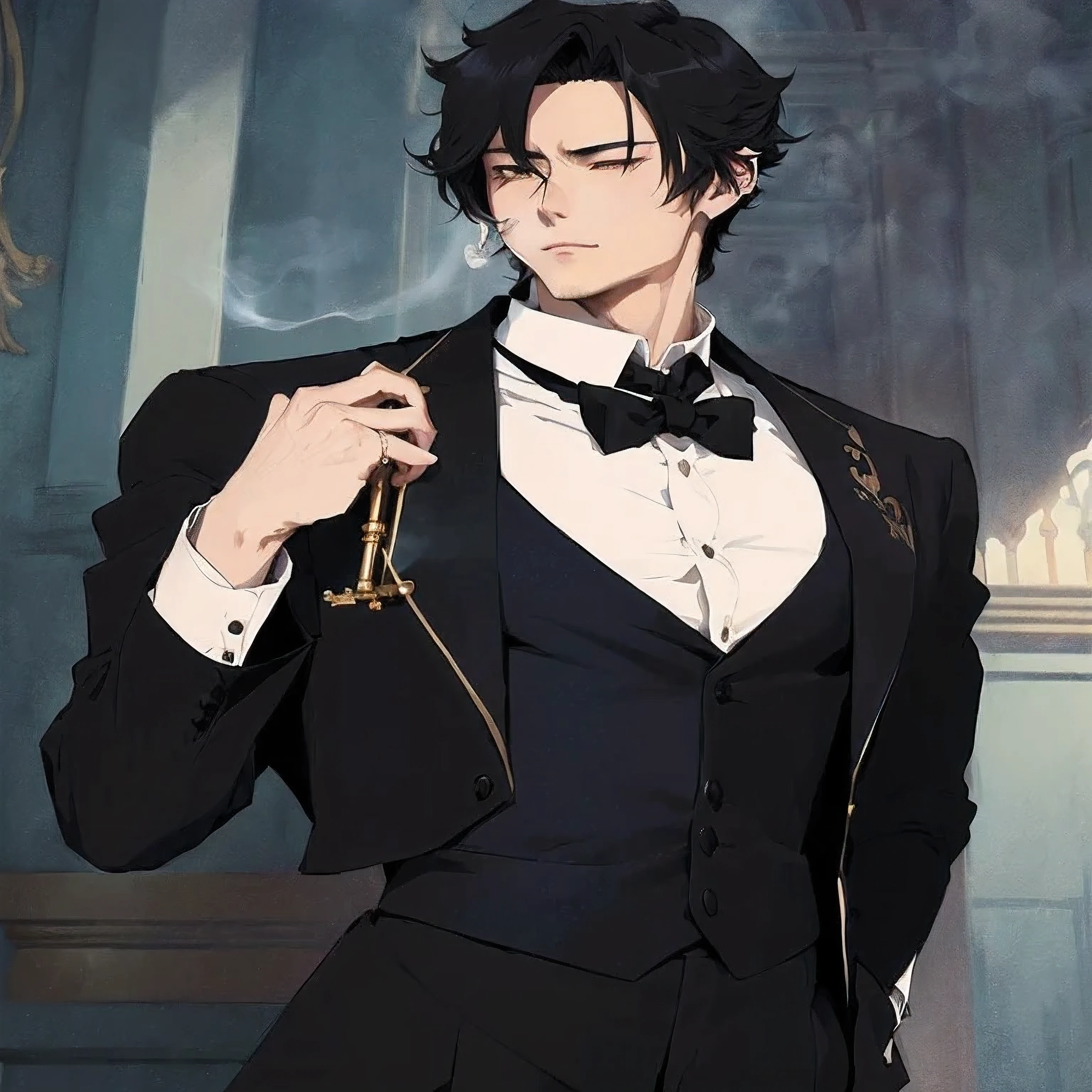 anime - style image of a man in a smoking with a bow tie, Inspired by Okumura Masanobu, ((wearing an aristocratic robe)), wearing a smoking, delicate androgynous prince, wearing smoking, wearing a black noble suit, elegant anime key visual, smoking, beautiful androgynous prince, handsome anime pose