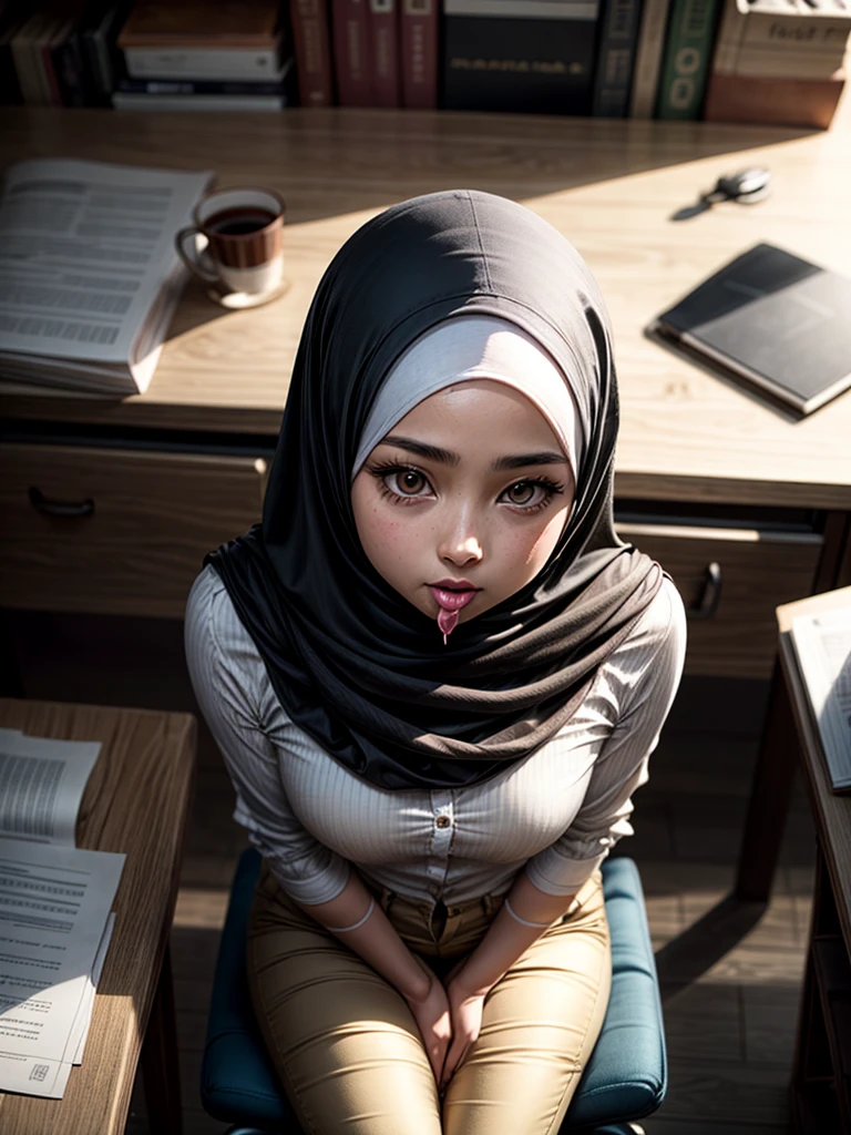 (1 girl), sitting on a chair in an office, ((wearing hijab)), wearing white long shirt, wearing fabric long pants, shot from above, wearing niqab, wearing mouth cover