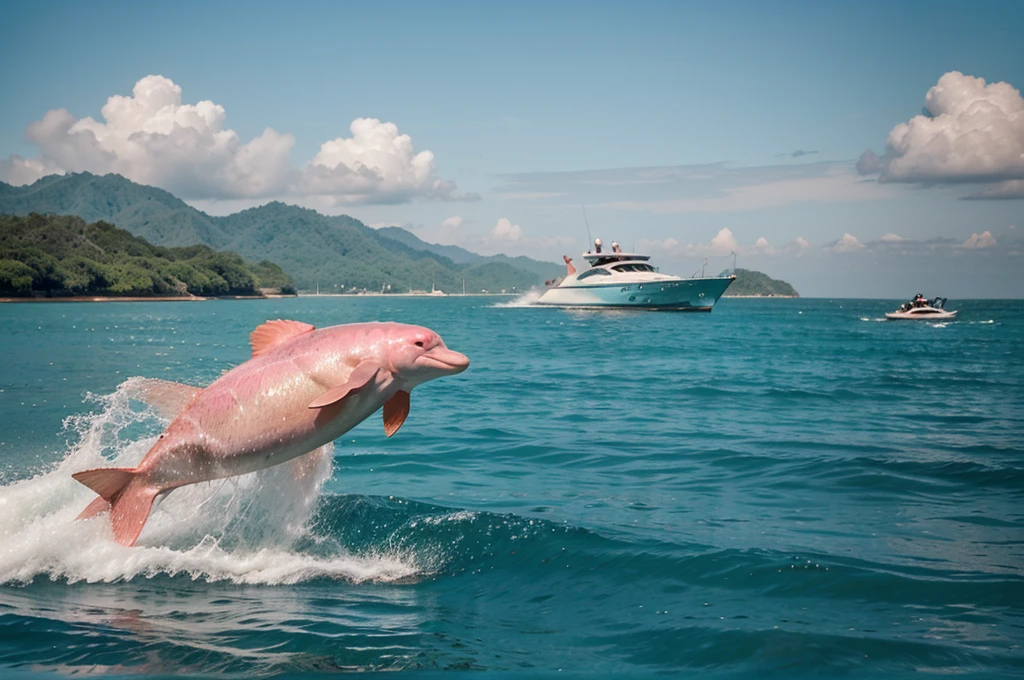 pink dolphin swim in thai ocean near speed boat, real photography, medium shot