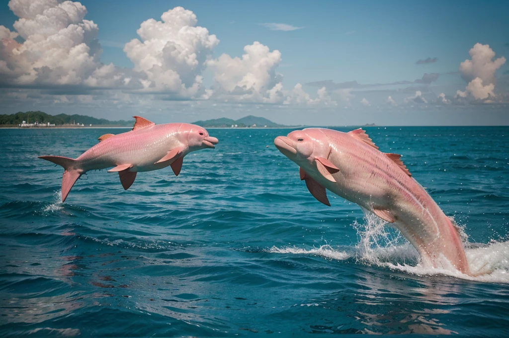 pink dolphin swim in thai ocean near speed boat, real photography, medium shot