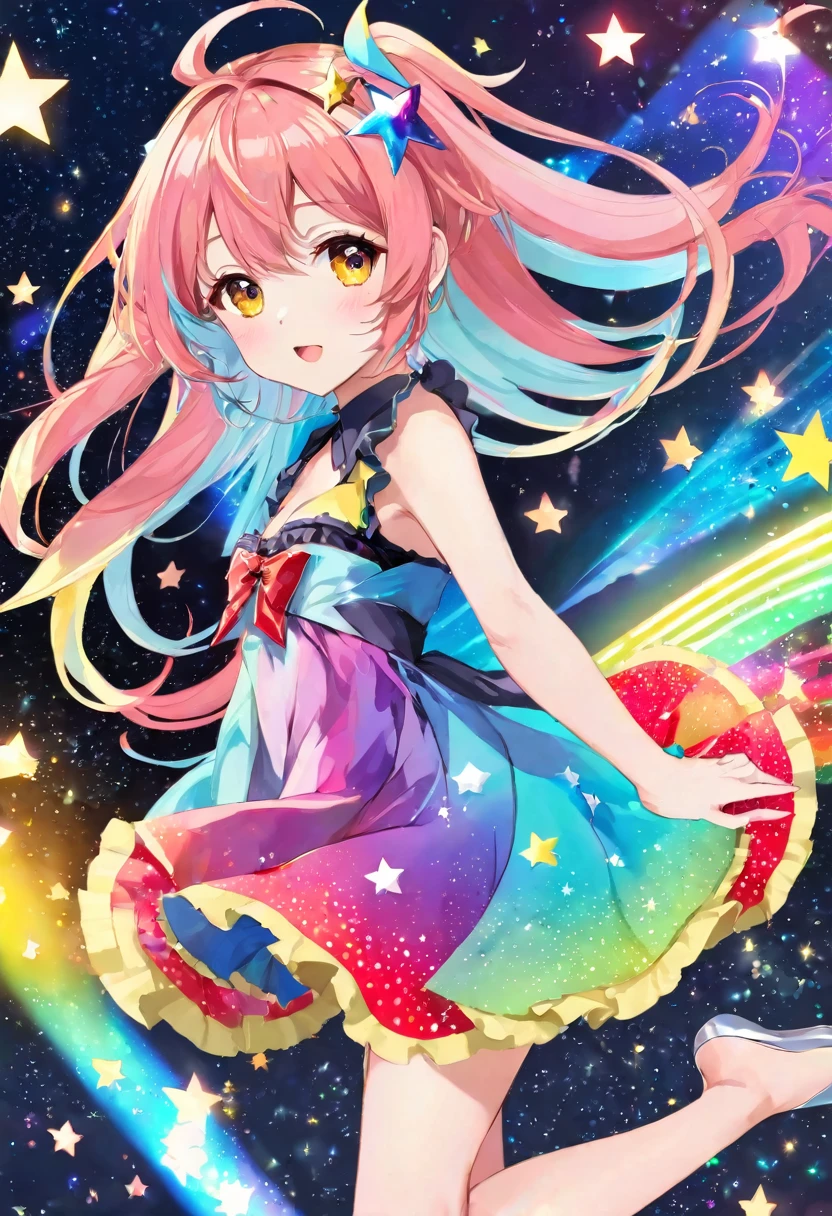 1 girl, cute ,  25 yo, sweet colourfull dress, idol, star on the face, midle range hair, colourfull hair. anime, full body shot