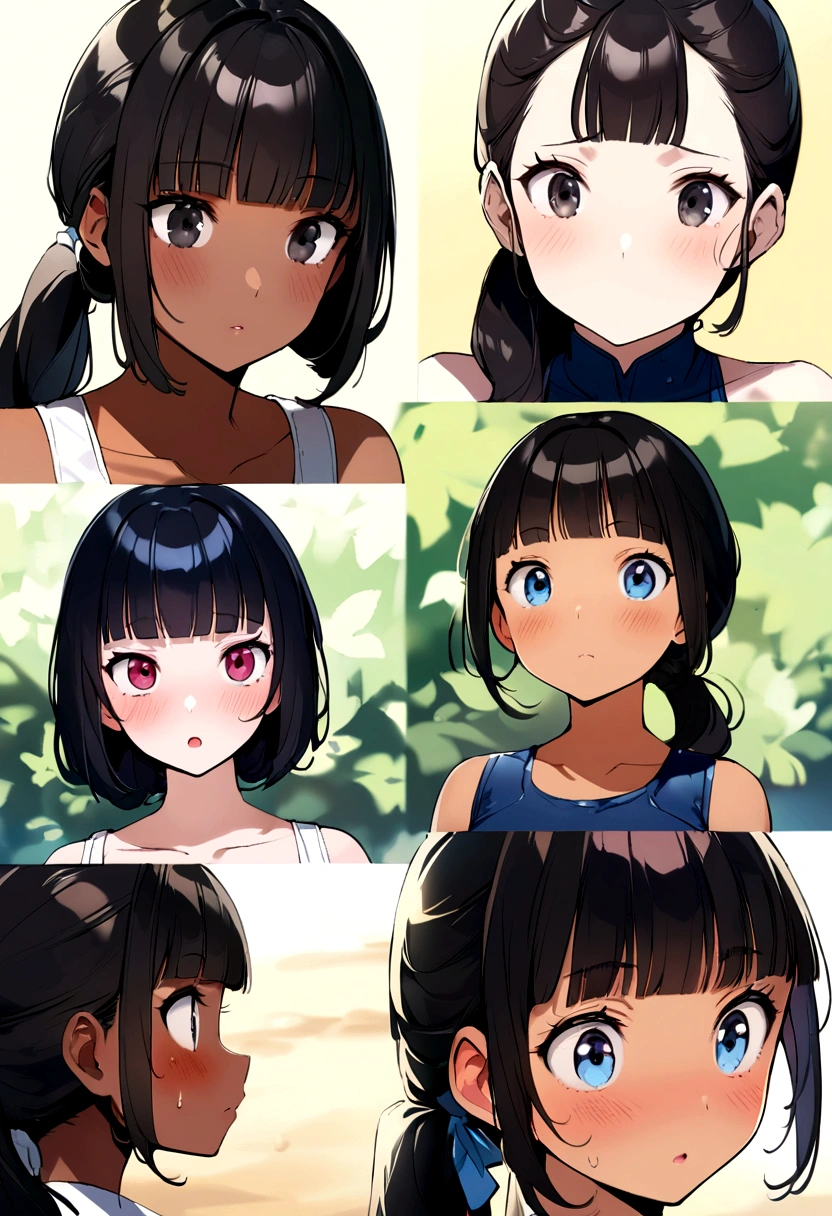 Ponytail1 person、beach、School swimsuit、Sunburn、Tan Skin、Embarrassed、1 girl、Navy blue school swimwear、blunt bangs、Black Hair、super fine illustration,(((beautiful fine hair))),(((beautiful fine face))),(((beautiful fine background))),Midsummer、beachBlack Hair、blunt bangs、Cross-eyed