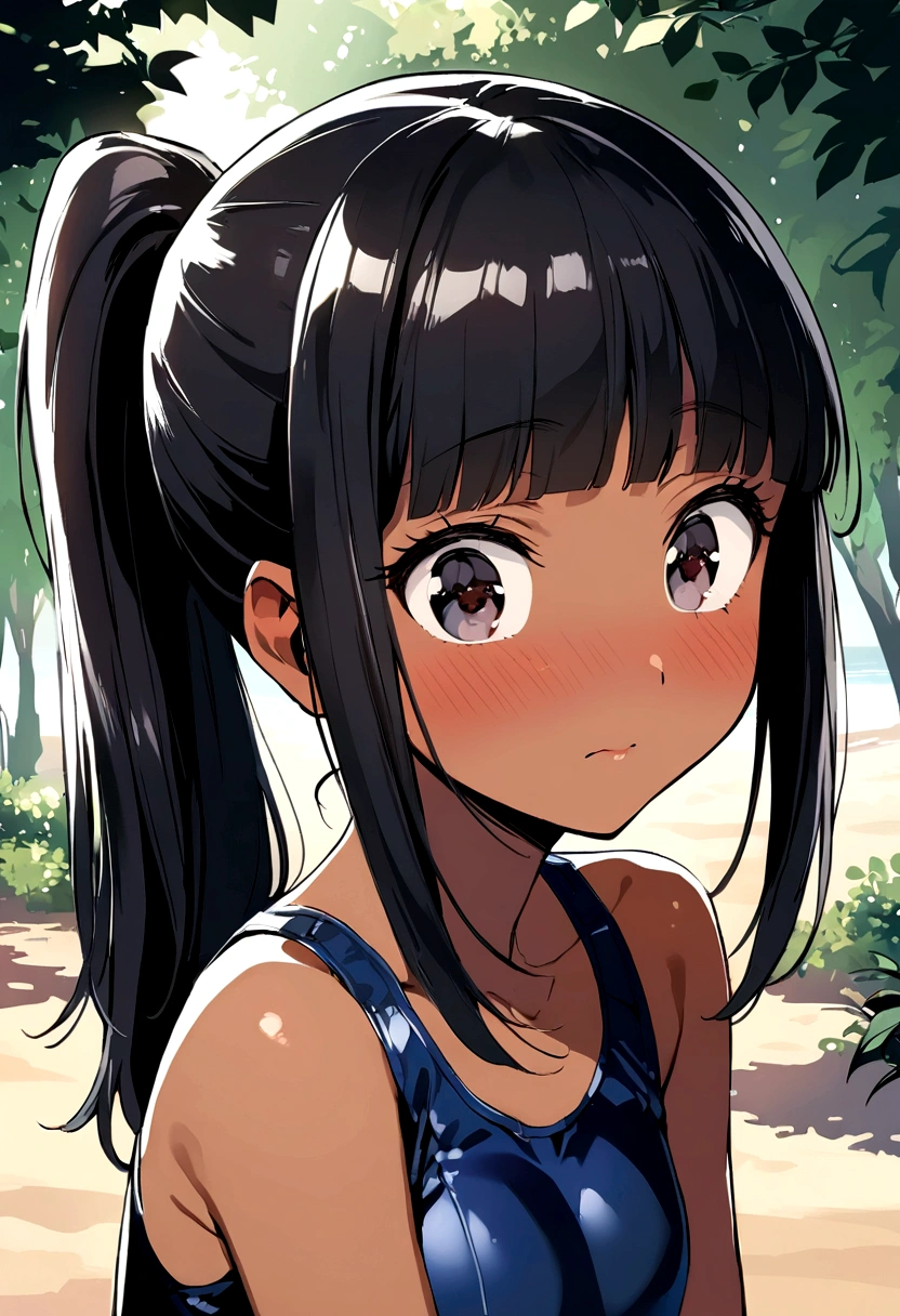 Ponytail1 person、beach、School swimsuit、Sunburn、Tan Skin、Embarrassed、1 girl、Navy blue school swimwear、blunt bangs、Black Hair、super fine illustration,(((beautiful fine hair))),(((beautiful fine face))),(((beautiful fine background))),Midsummer、beachBlack Hair、blunt bangs、Cross-eyed