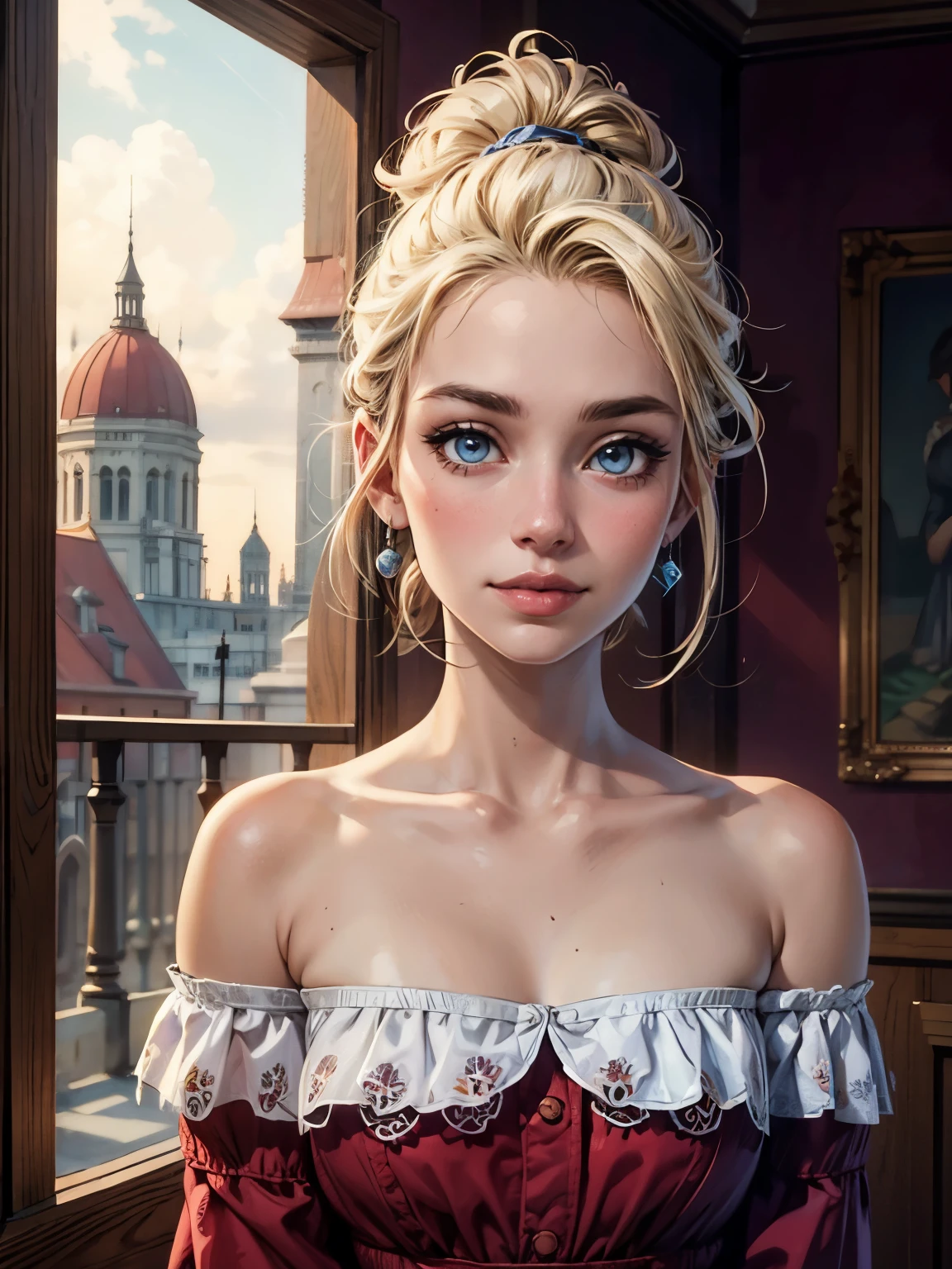 (best quality), (masterpiece), (high resolution), (intricate details:0.2),(professional lighting), room, detailed background, over sized blue dress, off shoulder, (previous view), 1girl, solo, (beautiful face:1.40), slim body, fine skin, smile, short ponytail blonde hair, sky blue eyes, (Medium beasts:1.10), see at viewer,, , sultry look, seductive
