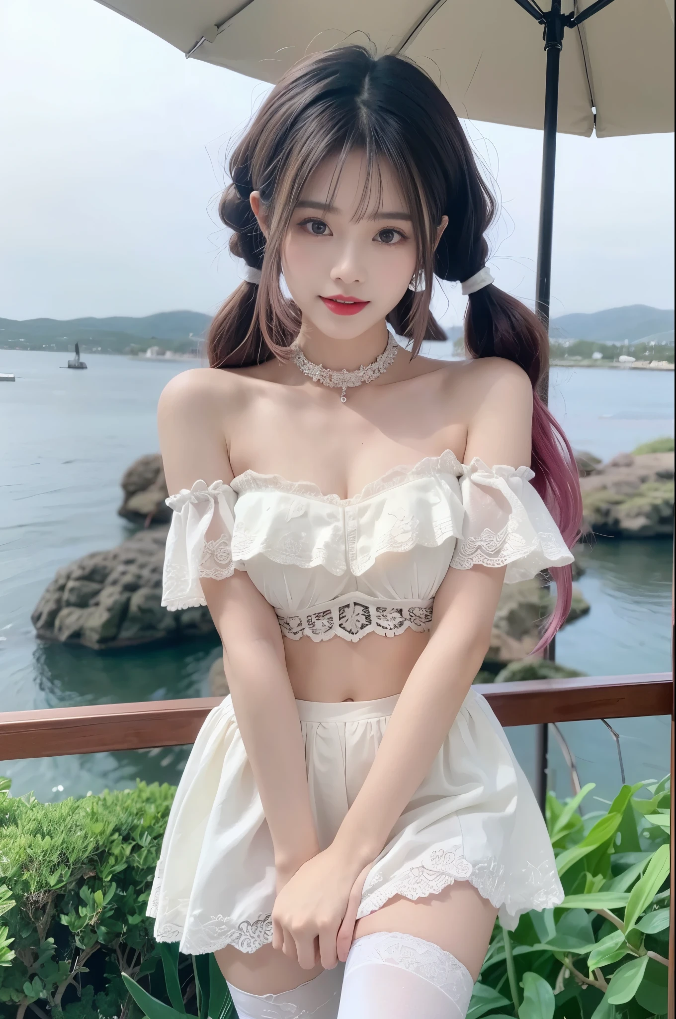 1girl,pink hair, long hair,twintails,hair rings,hair ornament,forehead jewel,brown eyes,detached collar,dress,bare shoulders, tassel,white gloves, white pantyhose,, ((Large Breasts)), ((D cup)), Visible cleavage，Highly detailed face and skin texture，((Bare shoulder)), Double eyelids，Skin Whitening，Long hair，Whitening long legs，Standing by the sea, Fashion Girl, Red lips, Sweet Girl, Beautiful makeup, detail, lifelike, Very detailed, Astonishing, beautiful, Young and energetic, high quality，HD, Colorful， Beautifully, Smooth skin, The skirt is very short, Official Art, Extremely detailed, Movie atmosphere, Soft colors, Natural skin texture, Random scene, random shooting Angle, Black over-the-knee socks, lace hem