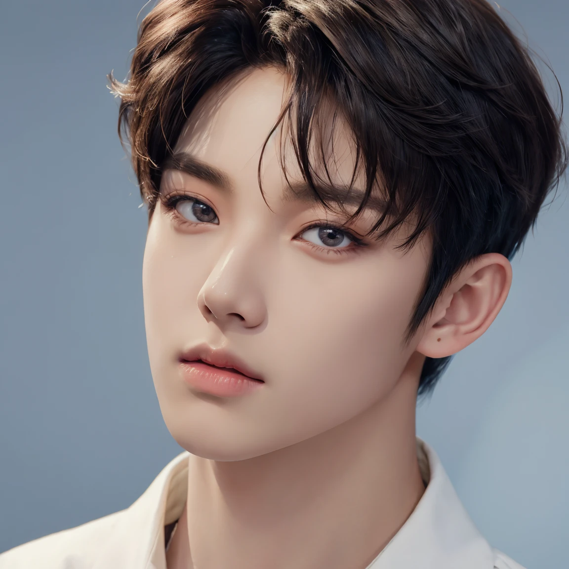 professional portrait photograph, handsome young man, model, crew cut, detailed face, detailed eyes, plain background, kpop