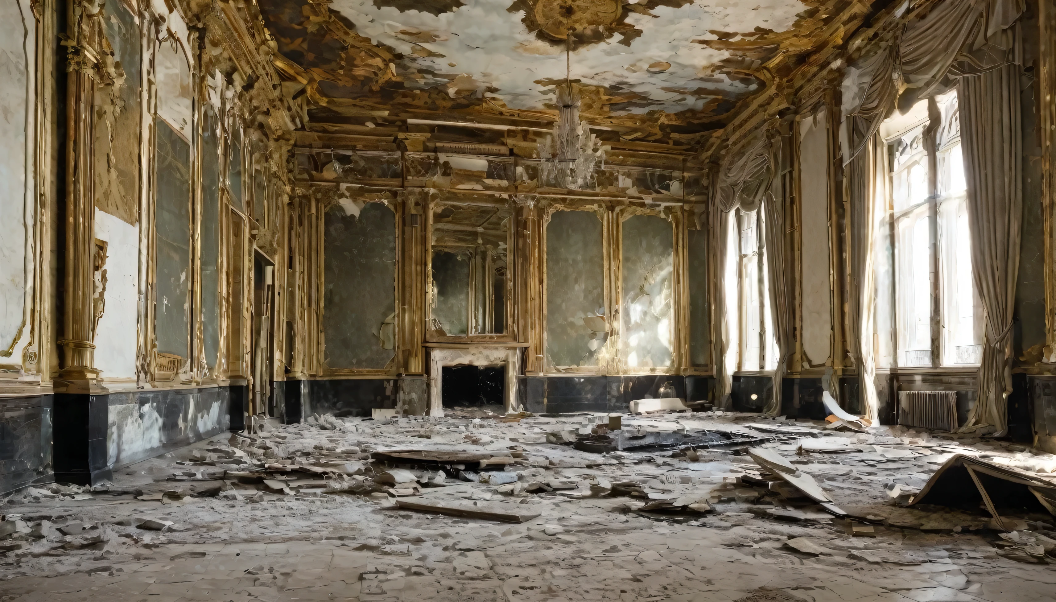 A large room destroyed by time, where a large mirror remains covering an entire wall of the room