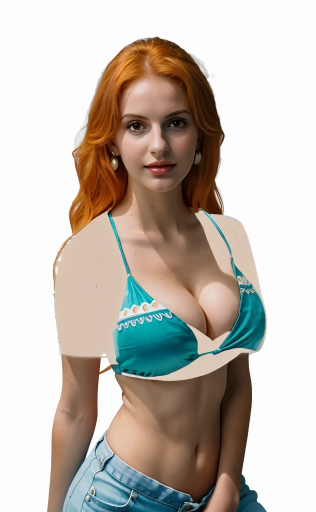 Young woman in sky blue brasier and blue jeans standing on the floor,  lady, very  pose,  clad, beautiful figure, Nami, NamiV2, standing, slim blue jean, stunning attractive figure, beautiful photo of sexy woman,  and dramatic pose , provocative, delicious, looking seductively in front,orange hair, Nami from One Piece, 18 years old, 18 years old, big butt, big breasts, Beautiful white girl, Nami, model, IG model, natural beauty, natural orange hair, standing on the floor, 18 years old, perfect skin, beautiful young girl, Nami, 1 girl, long hair, orange hair, unique, hazel eyes, 18 years old, white skin, natural makeup, Nami, big chest, chest perfect, big breasts, big breasts, Nami from One Piece, , biggest tits, sky blue brasier and blue jean pants, big butt, perfect butt, , Nami, looking at the camera, happy, lovely, really big breasts, big tits, big breast, big butt, perfect butt, perfect eyes, ultra realistic 8K CG, masterpiece, ((ultra detailed background, delicate pattern, intricate details)), (highly detailed, fine details), best quality, 1 girl, big breasts ), Legs standing on the floor, (complex and detailed background), 18 years old, white skin, feminine, charming, Nami from one piece, perfect body, perfect butt, perfect ass, perfect body, perfect legs, standing on the floor, photo taken in a dark black wall, A close-up of a woman wearing a blue sky brasier, blue jean pants, orange hair, Nami, Beautiful figure, very  pose, voluptuous body, sexy, earrings, sweet girl, sky blue brasier, white skin, Nami, perfect eyes, very white skin, in front of a black wall, too white girl, very white girl, nami, ultra high quality, 18 year old girl, wearing blue jean pants, sky blue , small nose, hazel eyes, blue light brasier, 15 years old, big breast, natural makeup