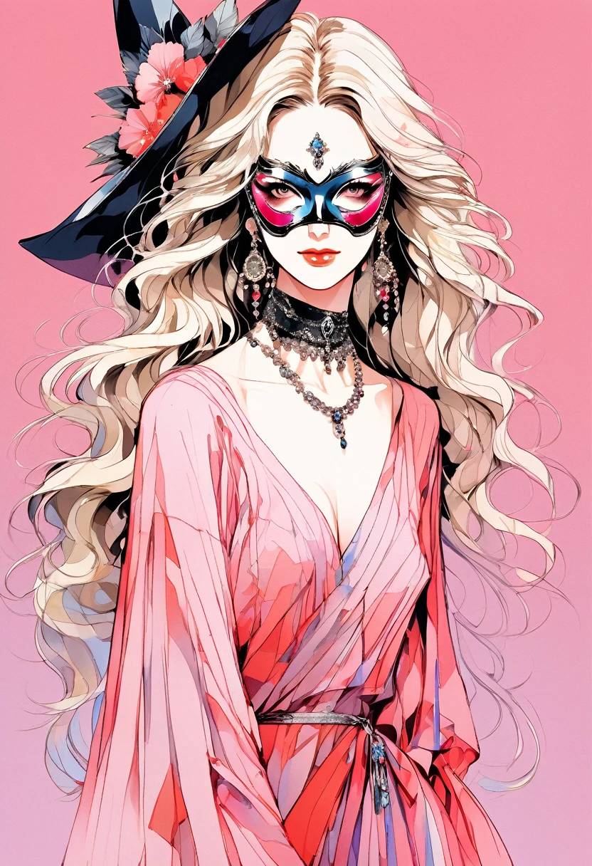 (Highest quality:0.8), (Highest quality:0.8), Perfect illustration,Beautiful woman portrait、One girl, bangs, Black nails, Blonde, , clavicle, Earrings, Fashion G, jewelry, looking at iniewer, , Manicure, necklace, Long Hair, sleeines past wrists, 一人in, Both sides up, Upper Body, in, Pop Background、Droopy eyes、summer、Pink gradient background、イブニングdress、派手なMasquerade Mask、Celebrities、dress、風in髪が舞う、Masquerade Mask、Masquerade Mask、Masquerade Mask、Masquerade Mask、British palace interior in background