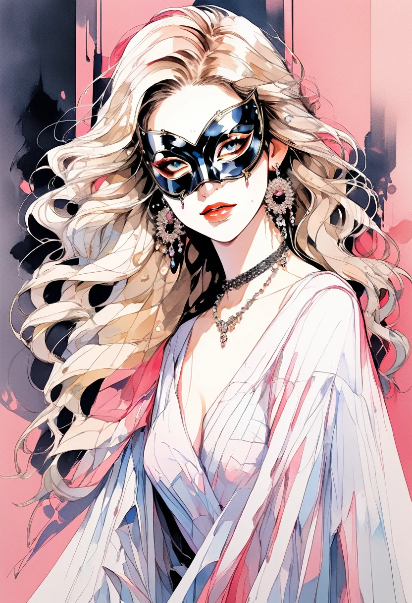 (Highest quality:0.8), (Highest quality:0.8), Perfect illustration,Beautiful woman portrait、One girl, bangs, Black nails, Blonde, , clavicle, Earrings, Fashion G, jewelry, looking at iniewer, , Manicure, necklace, Long Hair, sleeines past wrists, 一人in, Both sides up, Upper Body, in, Pop Background、Droopy eyes、summer、Pink gradient background、イブニングdress、派手なMasquerade Mask、Celebrities、dress、風in髪が舞う、Masquerade Mask、Masquerade Mask、Masquerade Mask、Masquerade Mask、British palace interior in background