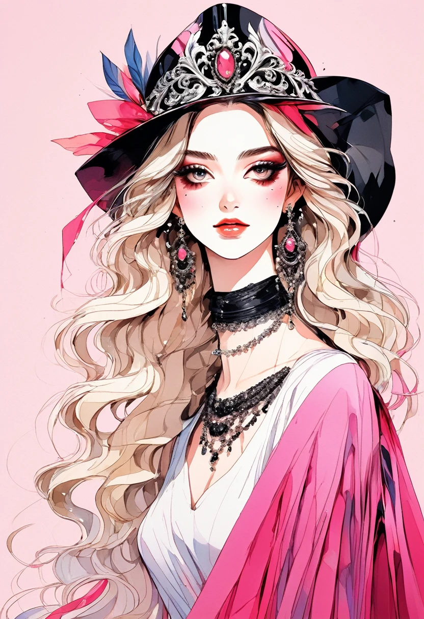 (Highest quality:0.8), (Highest quality:0.8), Perfect illustration,Beautiful woman portrait、One girl, bangs, Black nails, Blonde, , clavicle, Earrings, Fashion G, jewelry, looking at iniewer, , Manicure, necklace, Long Hair, sleeines past wrists, 一人in, Both sides up, Upper Body, in, Pop Background、Droopy eyes、summer、Pink gradient background、イブニングdress、派手なMasquerade Mask、Celebrities、dress、風in髪が舞う、Masquerade Mask、Masquerade Mask、Masquerade Mask、Masquerade Mask、British palace interior in background
