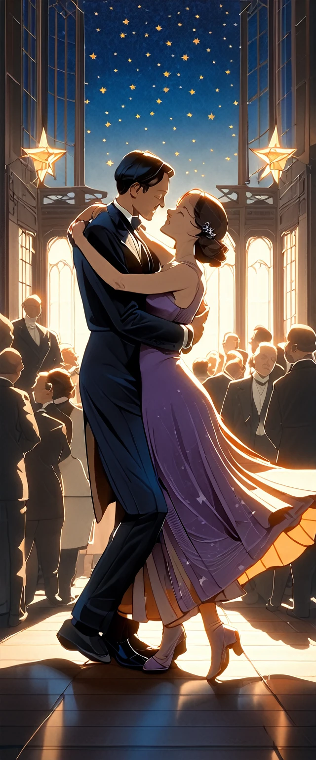 (best quality,8k,masterpiece:1.2),ultra-detailed,(realistic,photorealistic,photo-realistic:1.37),digital art, concept art, low contrast natural lighting, a man and woman dancing tango, art deco ballroom, 1920s, Outside the window is a balcony. a narrow french window with an arched top leads out to the balcony.,man facing forward, woman facing away from viewer, dancing the tango, woman is wearing a purple long dress with slit, she has her right leg out to the side, exposing her thigh., Outside is dark, small stars are shining in (the dark blue sky:1.3), (dimly lit room:1.2), and shadows are cast on the eye sockets, making it impossible to read their expressions, detailed  features, beautiful dress, formal attire, natural lighting, warm color palette, 