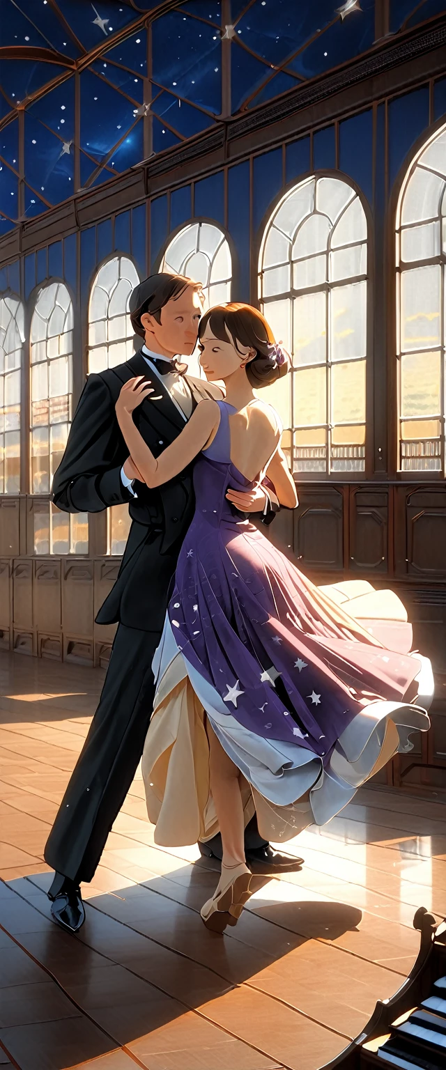 (best quality,8k,masterpiece:1.2),ultra-detailed,(realistic,photorealistic,photo-realistic:1.37),digital art, concept art, low contrast natural lighting, a man and woman dancing tango, art deco ballroom, 1920s, Outside the window is a balcony. a narrow french window with an arched top leads out to the balcony.,man facing forward, woman facing away from viewer, dancing the tango, woman is wearing a purple long dress with slit, she has her right leg out to the side, exposing her thigh., Outside is dark, small stars are shining in (the dark blue sky:1.3), (dimly lit room:1.2), and shadows are cast on the eye sockets, making it impossible to read their expressions, detailed facial features, beautiful dress, formal attire, natural lighting, warm color palette,