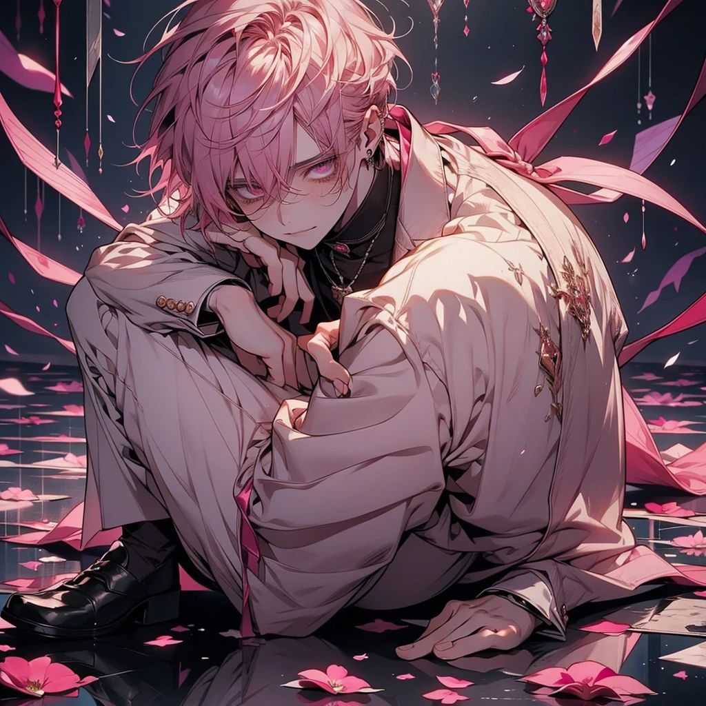 Beautiful young man, pink hair, red and purple Eyes, Elegant but disheveled formal attire, Sitting on the floor, Hug your knees, Smile even though you shed tears, sparkling broken heart pendant, powder々A dim room with a shattered mirror, An overhead view of scattered petals, Tears like subtle raindrops and a soft glow around the character.