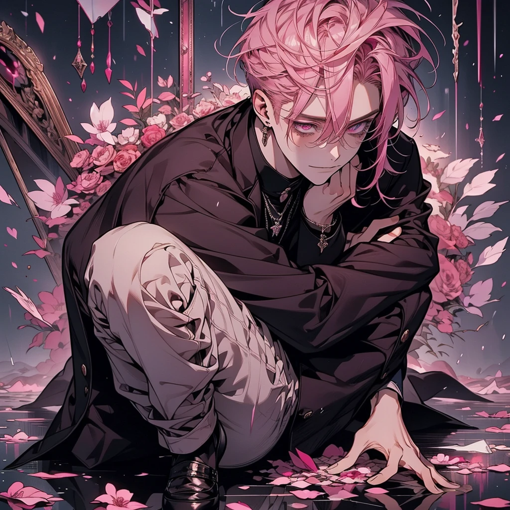 Beautiful young man, pink hair, red and purple Eyes, Elegant but disheveled formal attire, Sitting on the floor, Hug your knees, Smile even though you shed tears, sparkling broken heart pendant, powder々A dim room with a shattered mirror, An overhead view of scattered petals, Tears like subtle raindrops and a soft glow around the character.