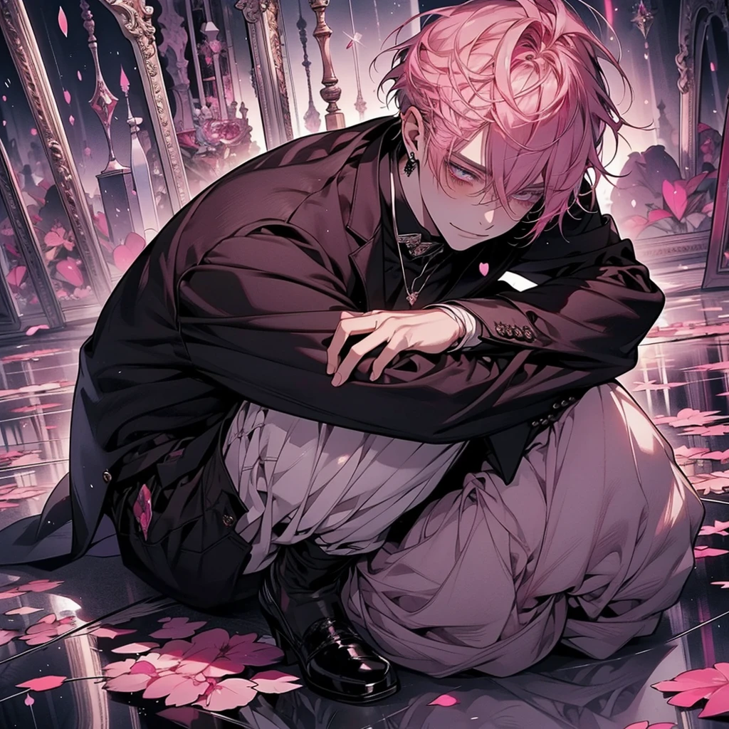 Beautiful young man, pink hair, red and purple Eyes, Elegant but disheveled formal attire, Sitting on the floor, Hug your knees, Smile even though you shed tears, sparkling broken heart pendant, powder々A dim room with a shattered mirror, An overhead view of scattered petals, Tears like subtle raindrops and a soft glow around the character.