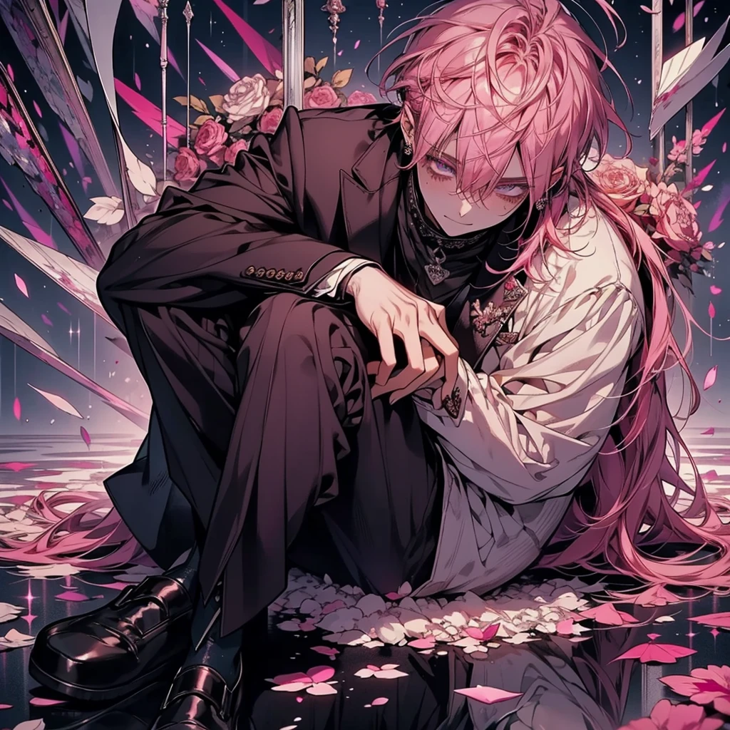 Beautiful young man, pink hair, red and purple Eyes, Elegant but disheveled formal attire, Sitting on the floor, Hug your knees, Smile even though you shed tears, sparkling broken heart pendant, powder々A dim room with a shattered mirror, An overhead view of scattered petals, Tears like subtle raindrops and a soft glow around the character.