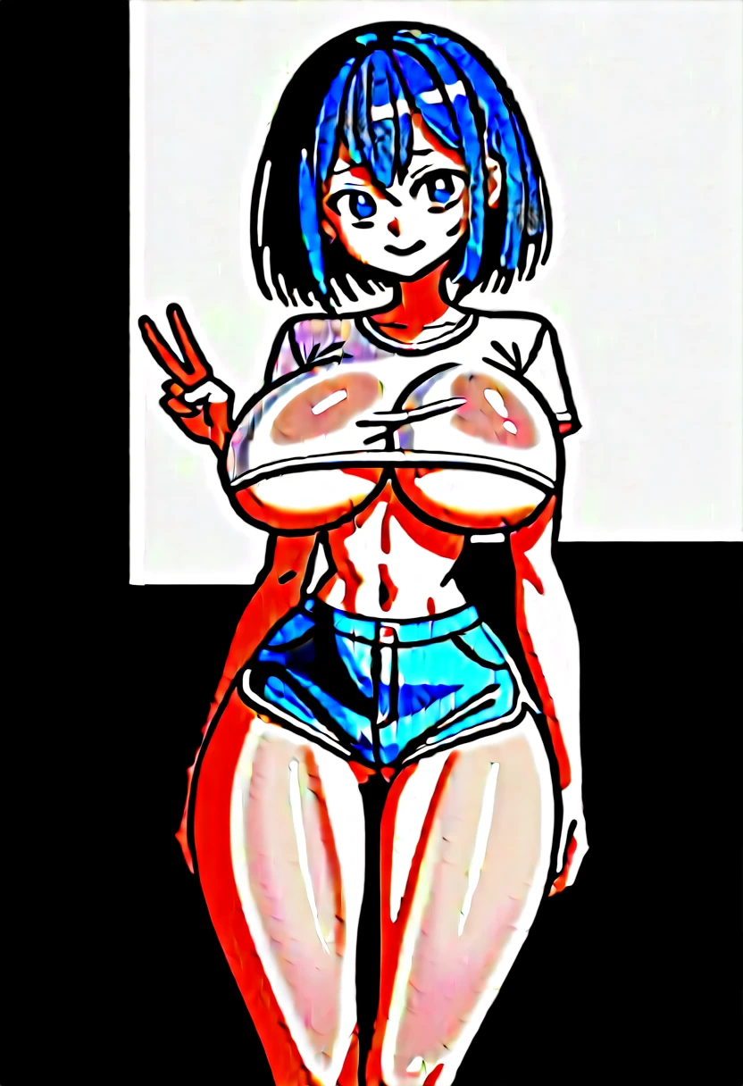 (masterpiece, best quality:1.2), Shader, front shot, 1girl, kawaii, (super big breasts, micro waist, very long legs:1.3), Black hair, short bob hair, short height, scrawny and thin body, Light Skin, cute big eyes, cute beautiful thin face, shorts, pigeon-toed, wet and sweaty, big visible ribs, V sign, Trembling