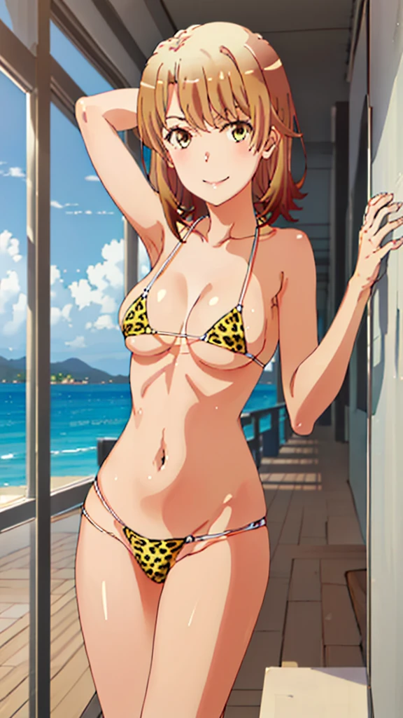 (masterpiece, 4K, Highest quality, anime style: 1.9, Detailed face, Lovely, Ocean,bold, High resolution, anime, Lake 4. alone, curvaceous, Very slim belly, cowboy Shot, 1 Girl,,(Leopard print micro bikini),Naked in a swimsuit,, {Isshiki_One, B, c_yahariorenoseishunlovecomewamachigatteiru:1.15}, brown_hair, short_hair, brown_eye, One Girl, 前hair,smile