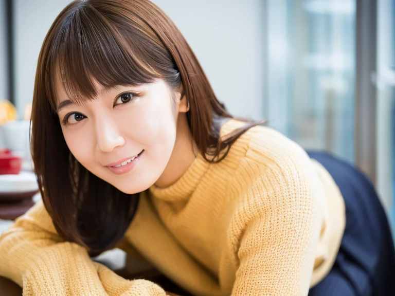 In detail, High resolution, high quality、Perfect dynamic composition, Beautiful attention to detail, Medium Hair, 、Natural color lip,Kamimei、Shibuya Ward、company employee、1 person、Clear Skin、Shiny Hair、Tabletop, 最high quality, figure, Ultra-detailed details, High resolution, 8K,sweater(light brown)And a long skirt(black),Anatomically correct,cute,Perfect and beautiful hands,smile