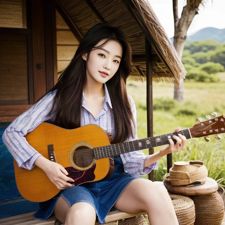Araffi woman sitting in front of a hut with a guitar, Jae Yeon Nam, Tzuyu from two times, Korean girl, Chinese girl, Jinyoung Shin, Roseanne Park of blackpink, Korean idol, girl playing guitar, gongbi, portrait of female Korean idol, beautiful south korean women, singer-songwriter, Korean artist, Xindong Chen, Wen Feiye