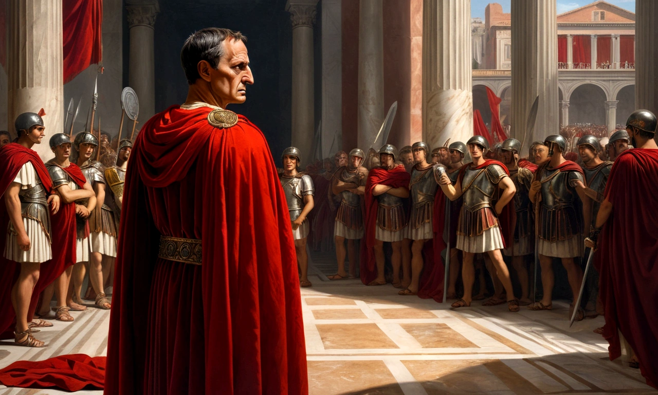 painting, No one in the background, no back ground, julius caesar emperor of rome, angry and disappointed, He has his iconic outfit and his red cape, renaissance painting