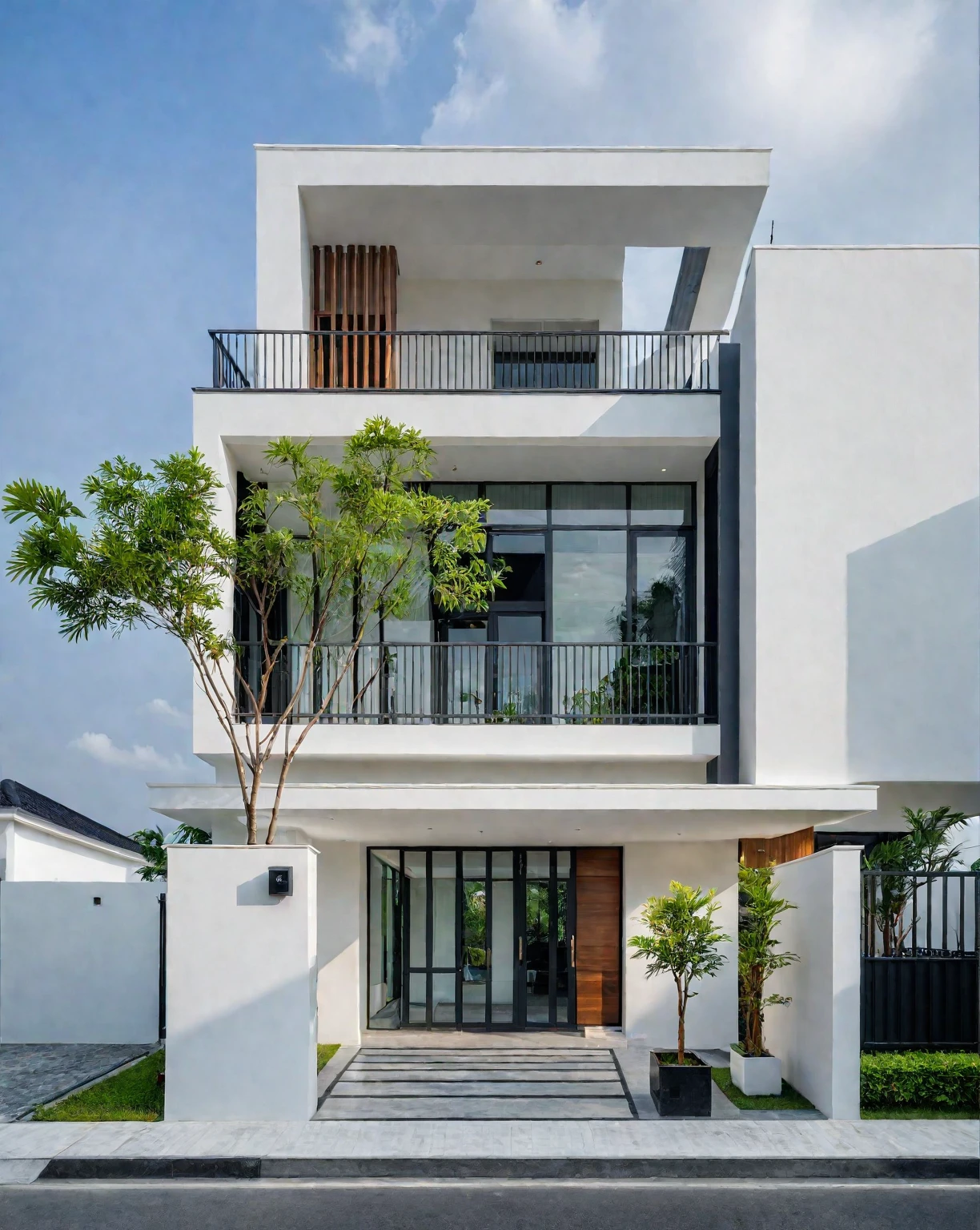 RAW photo, a photo of a modern villa, sidewalk, sidewalk trees, steel gate, road, viet nam modern residence, a car parked in front of it, rough white wall, new residential area, wide angle exterior 2022, contemporary house, exterior photography, masterpiece, contemporary architecture, overcast, indirect lighting