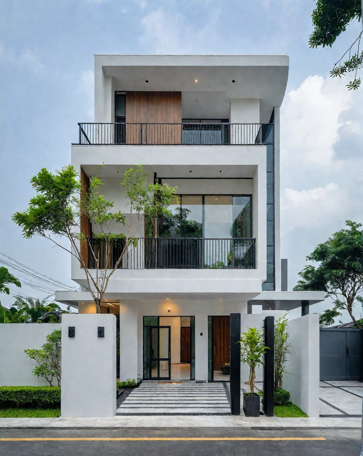 RAW photo, a photo of a modern villa, sidewalk, sidewalk trees, steel gate, road, viet nam modern residence, a car parked in front of it, rough white wall, new residential area, wide angle exterior 2022, contemporary house, exterior photography, masterpiece, contemporary architecture, overcast, indirect lighting