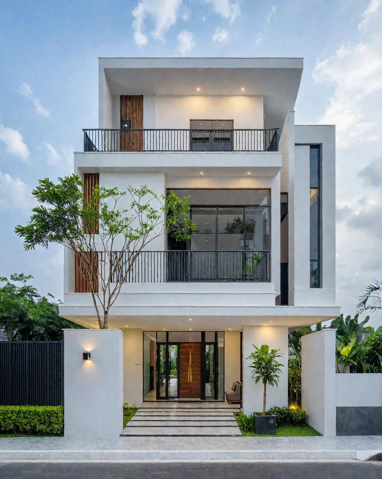 RAW photo, a photo of a modern villa, sidewalk, sidewalk trees, steel gate, road, viet nam modern residence, a car parked in front of it, rough white wall, new residential area, wide angle exterior 2022, contemporary house, exterior photography, masterpiece, contemporary architecture, overcast, indirect lighting
