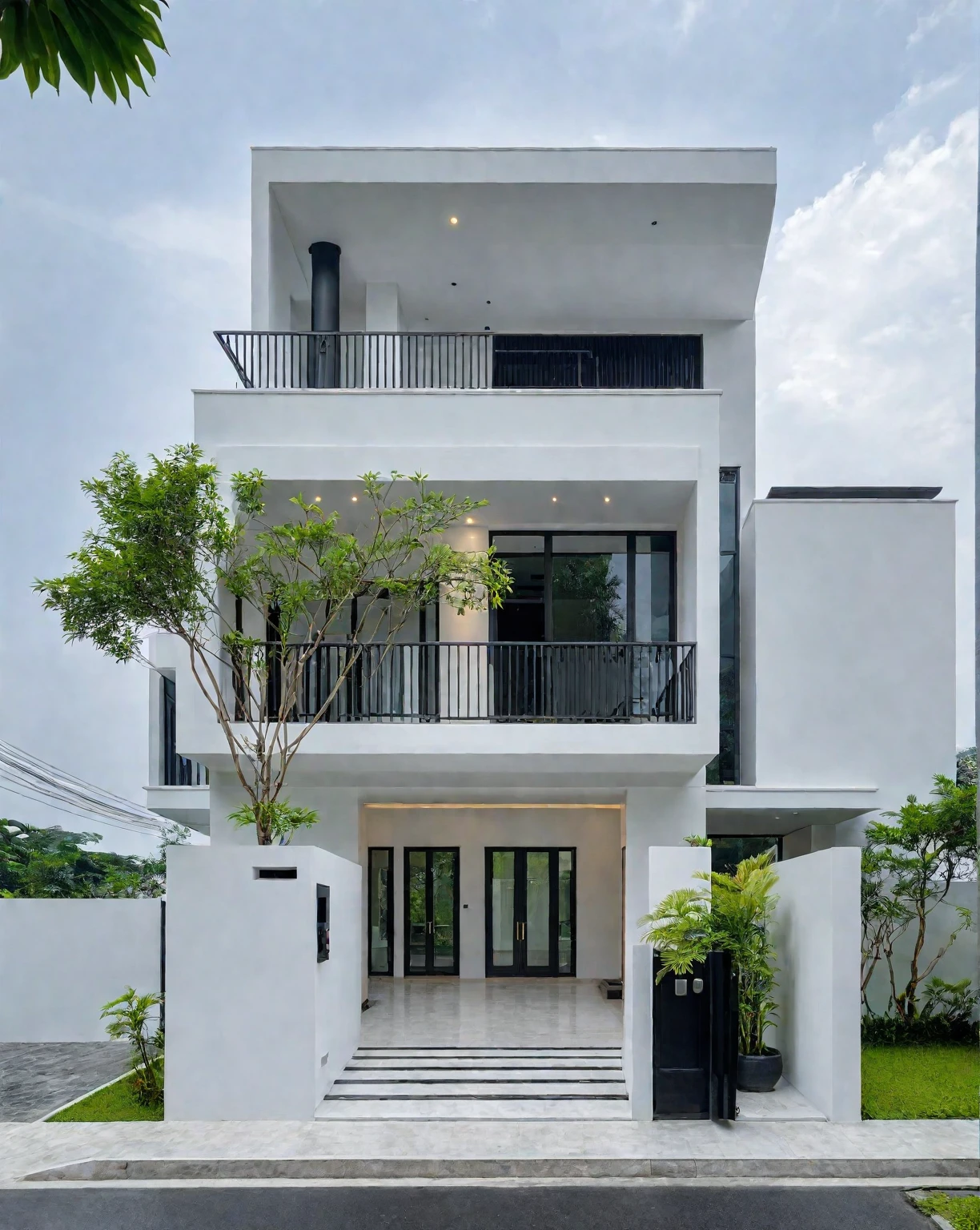 RAW photo, a photo of a modern villa, sidewalk, sidewalk trees, steel gate, road, viet nam modern residence, a car parked in front of it, rough white wall, new residential area, wide angle exterior 2022, contemporary house, exterior photography, masterpiece, contemporary architecture, overcast, indirect lighting