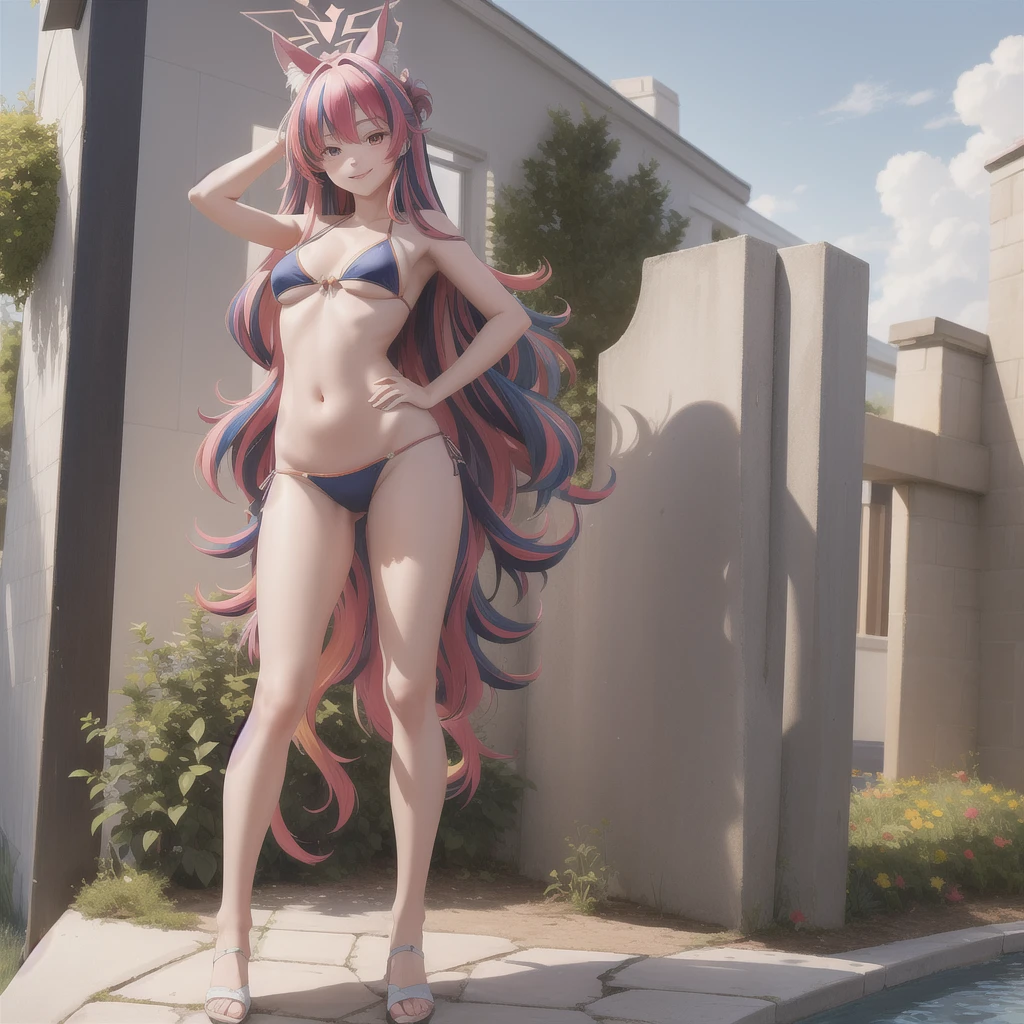(masterpiece:1.3), (absurdres:1.3), (best quality:1.3), (ultra-detailed:1.3), full body, looking at viewer, smile, standing, outdoors, waving, halo, long hair, (colorfull hair:1.5), bikini