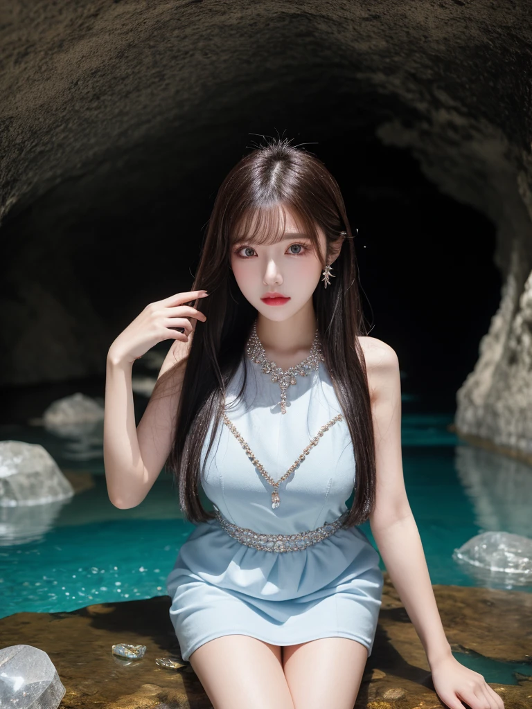 Beautiful woman wearing a white blue Wearing elegan style clothes mini dress with decorations on the shirt and visible shoulders and wearing boots and being photographed with a background And was in a cave filled with shiny and beautiful crystals ,Korean style swag, beautiful face so gorgeous, Beautiful eyes, y2k style,