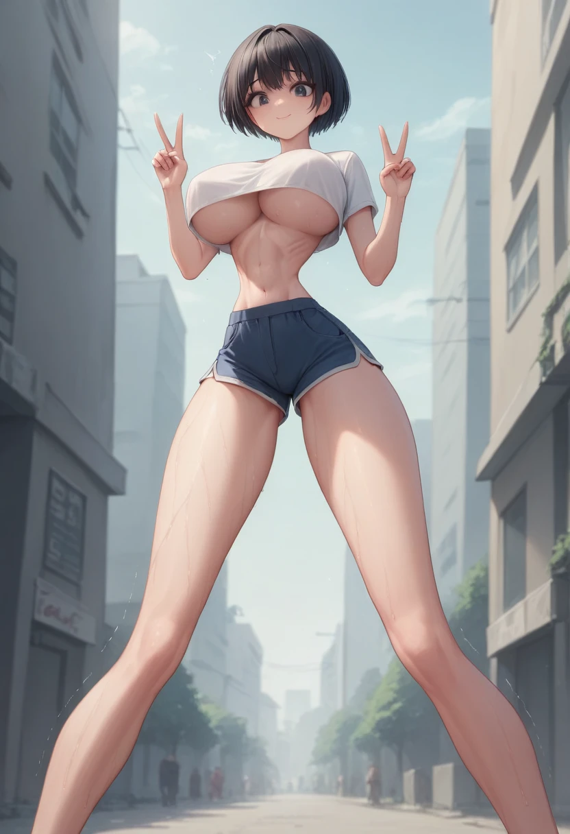 (masterpiece, best quality:1.2), Shader, front shot, 1girl, kawaii, (super ???????????, micro waist, very long legs:1.3), Black hair, short bob hair, short height, scrawny and thin body, Light Skin, cute big eyes, cute beautiful thin face, shorts, pigeon-toed, wet and sweaty, big visible ribs, V sign, Trembling