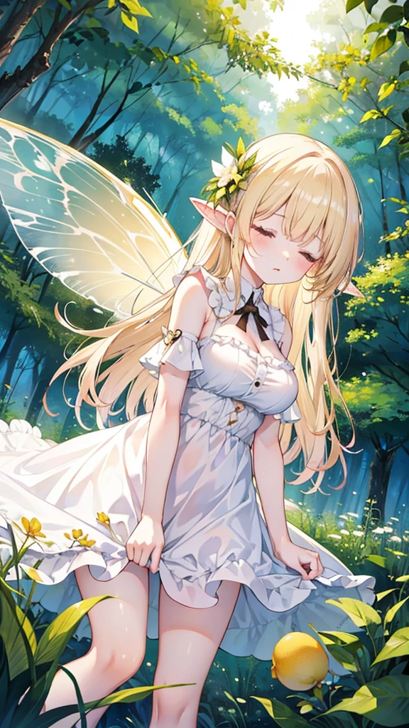 Showing the whole body, cute, baby face, big breasts, sleeping, in the forest, white dress, long hair, alone, small, fairy wings, honey-colored hair, big lemon