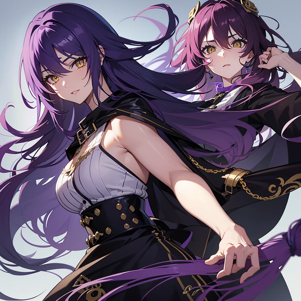 create me a male character with long purple hair yellow eyes especially
