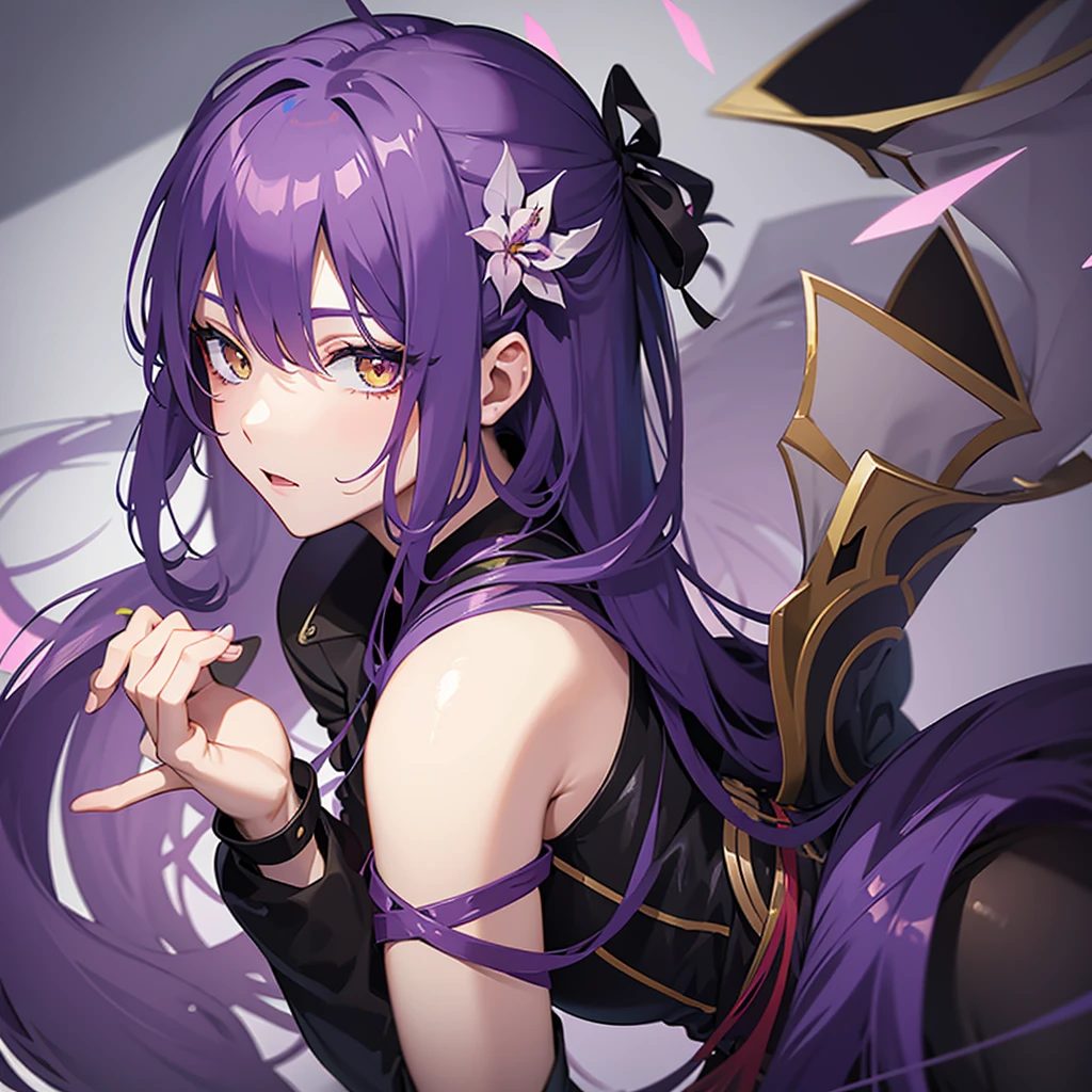 create me a male character with long purple hair yellow eyes especially