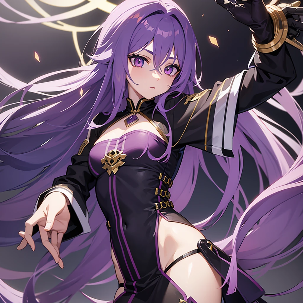 create me a male character with long purple hair yellow eyes especially