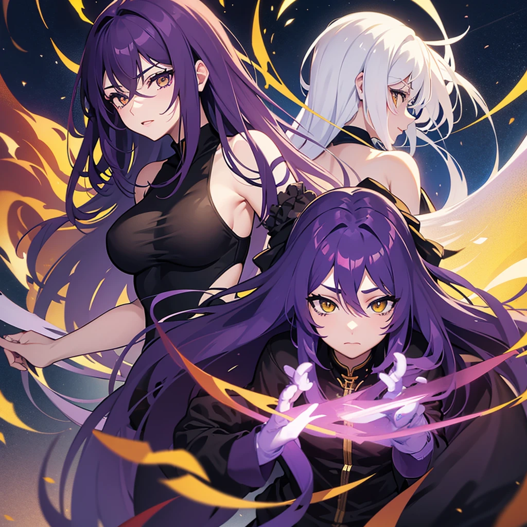 create me a male character with long purple hair yellow eyes especially