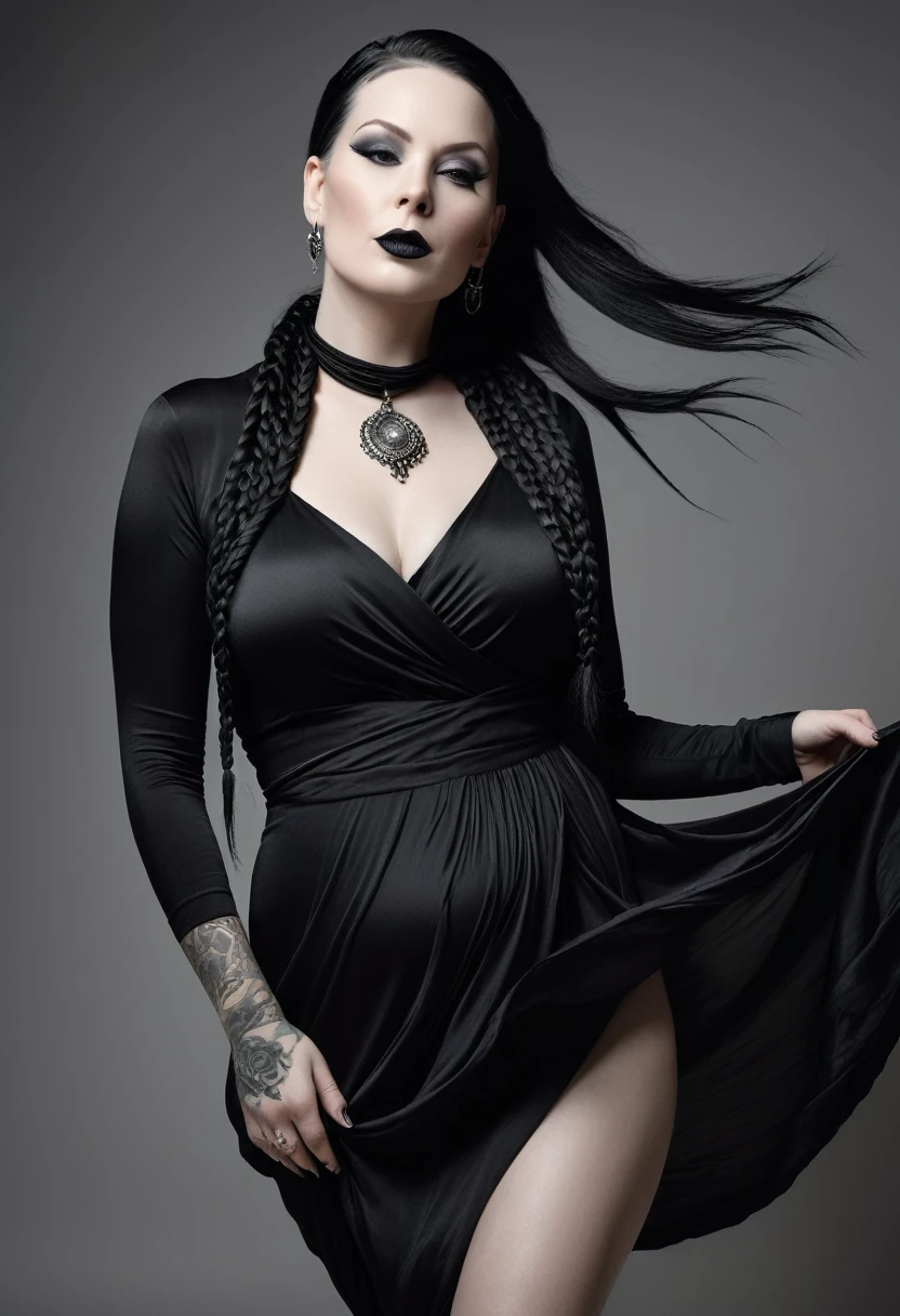 A stunning, high-realistic, studio photograph of a slender scandinavian chubby scandinavian woman, (Ingrid Mueller) 35 years old, goth woman. black dyed hair , sidecut and braided hairstyle dancing, pale skin. tattoos .  gothic make-up, dancing . clothed only in intricately draped, flowing black silk scarves, evoking a sense of elegance and grace. Captured in a monochromatic color palette, the black and white tone amplifies the textures and shadows, adding depth to the fluid, energetic movement of the subject. Soft, diffused lighting accentuates the woman's sinuous curves, as her slender limbs seem to blur in motion, exuding a sense of freedom and joy.