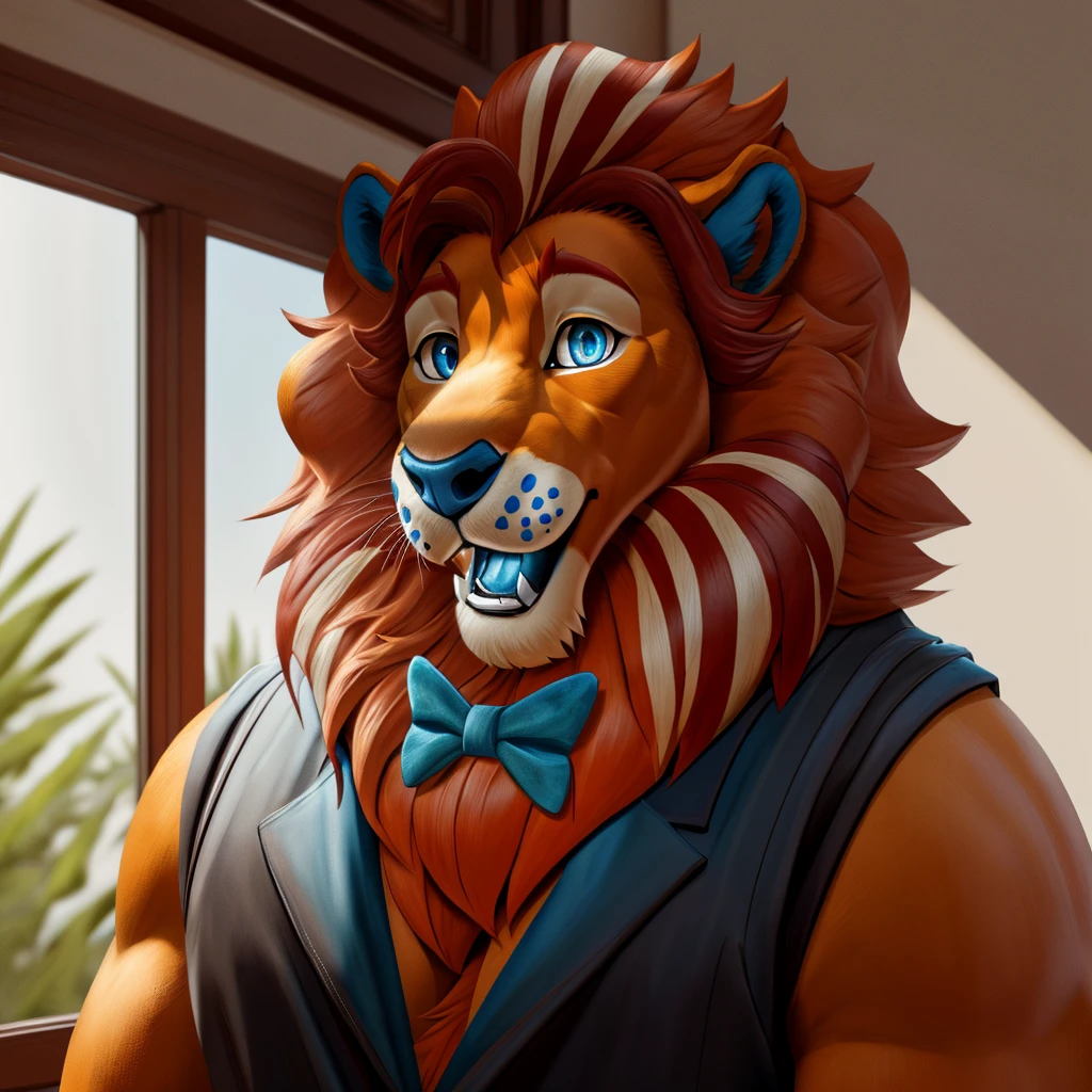 est anatomy, best quality, (furry art, soft shading:1.1), blue eyes, blue nose, mane, tail, solo, 4k, hi res, ((detailed face, detailed eyes)), smile, open mouth, simple background, looking at viewer, shirt, vest, bow tie, Lion, 5 fingers, blue eyes, black nose, blue claws ,standing in a bedroom, masterpiece, Ultra highest quality, Intricate, Ultra heavy High Detail, dramatic, realism, erection, thick cock, realistic, sitting, furry, day, looking_at_viewer, Ultra heavy detailed eyes, Ultra heavy detailed body, Ultra detailed heavy face, Ultra heavy detailed cock, Ultra heavy detailed balls, expressive,