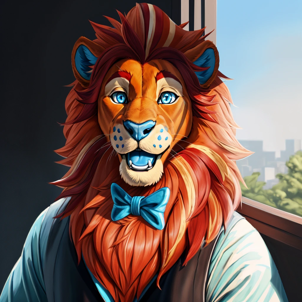 est anatomy, best quality, (furry art, soft shading:1.1), blue eyes, blue nose, mane, tail, solo, 4k, hi res, ((detailed face, detailed eyes)), smile, open mouth, simple background, looking at viewer, shirt, vest, bow tie, Lion, 5 fingers, blue eyes, black nose, blue claws ,standing in a bedroom, masterpiece, Ultra highest quality, Intricate, Ultra heavy High Detail, dramatic, realism, erection, thick cock, realistic, sitting, furry, day, looking_at_viewer, Ultra heavy detailed eyes, Ultra heavy detailed body, Ultra detailed heavy face, Ultra heavy detailed cock, Ultra heavy detailed balls, expressive,