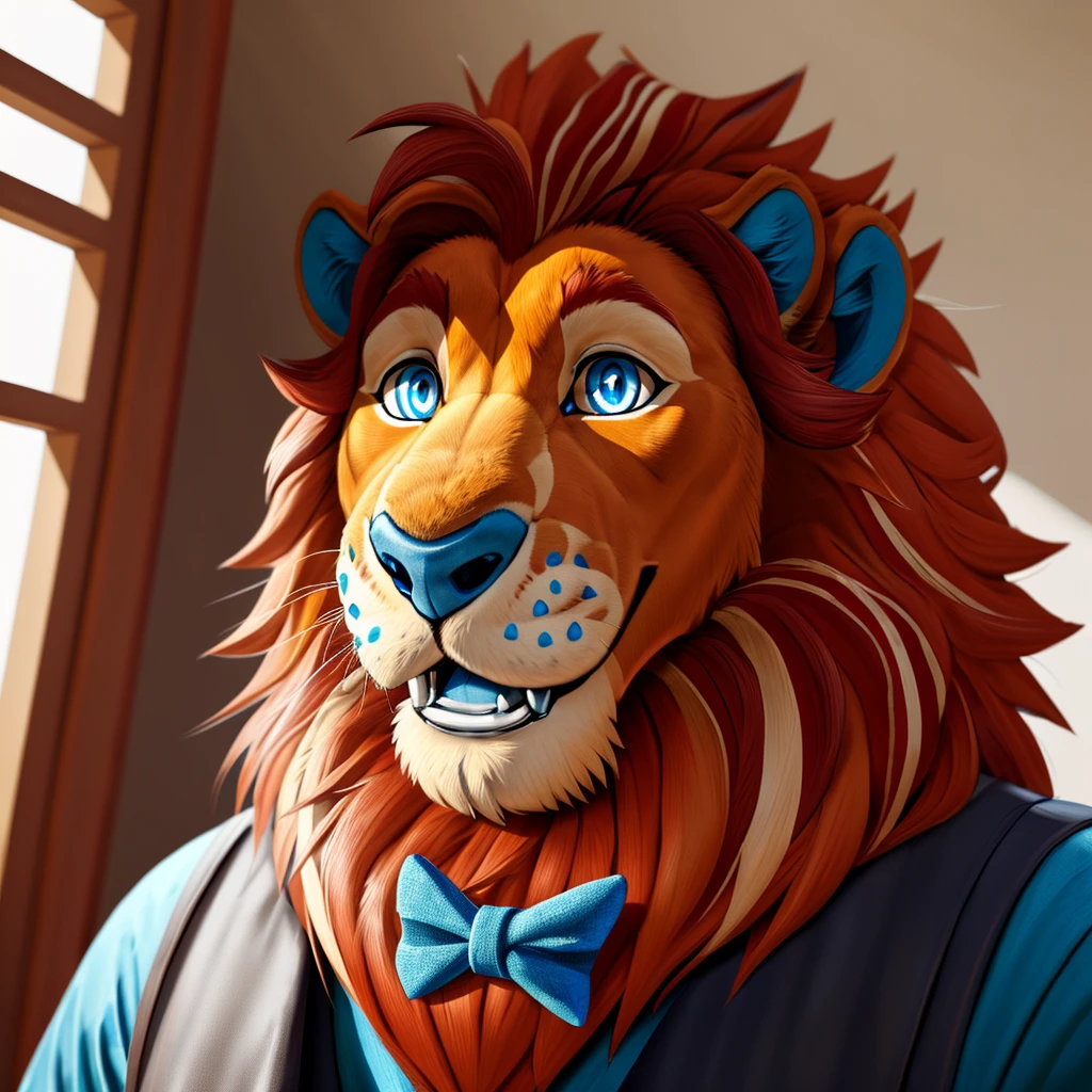 est anatomy, best quality, (furry art, soft shading:1.1), blue eyes, blue nose, mane, tail, solo, 4k, hi res, ((detailed face, detailed eyes)), smile, open mouth, simple background, looking at viewer, shirt, vest, bow tie, Lion, 5 fingers, blue eyes, black nose, blue claws ,standing in a bedroom, masterpiece, Ultra highest quality, Intricate, Ultra heavy High Detail, dramatic, realism, erection, thick cock, realistic, sitting, furry, day, looking_at_viewer, Ultra heavy detailed eyes, Ultra heavy detailed body, Ultra detailed heavy face, Ultra heavy detailed cock, Ultra heavy detailed balls, expressive,