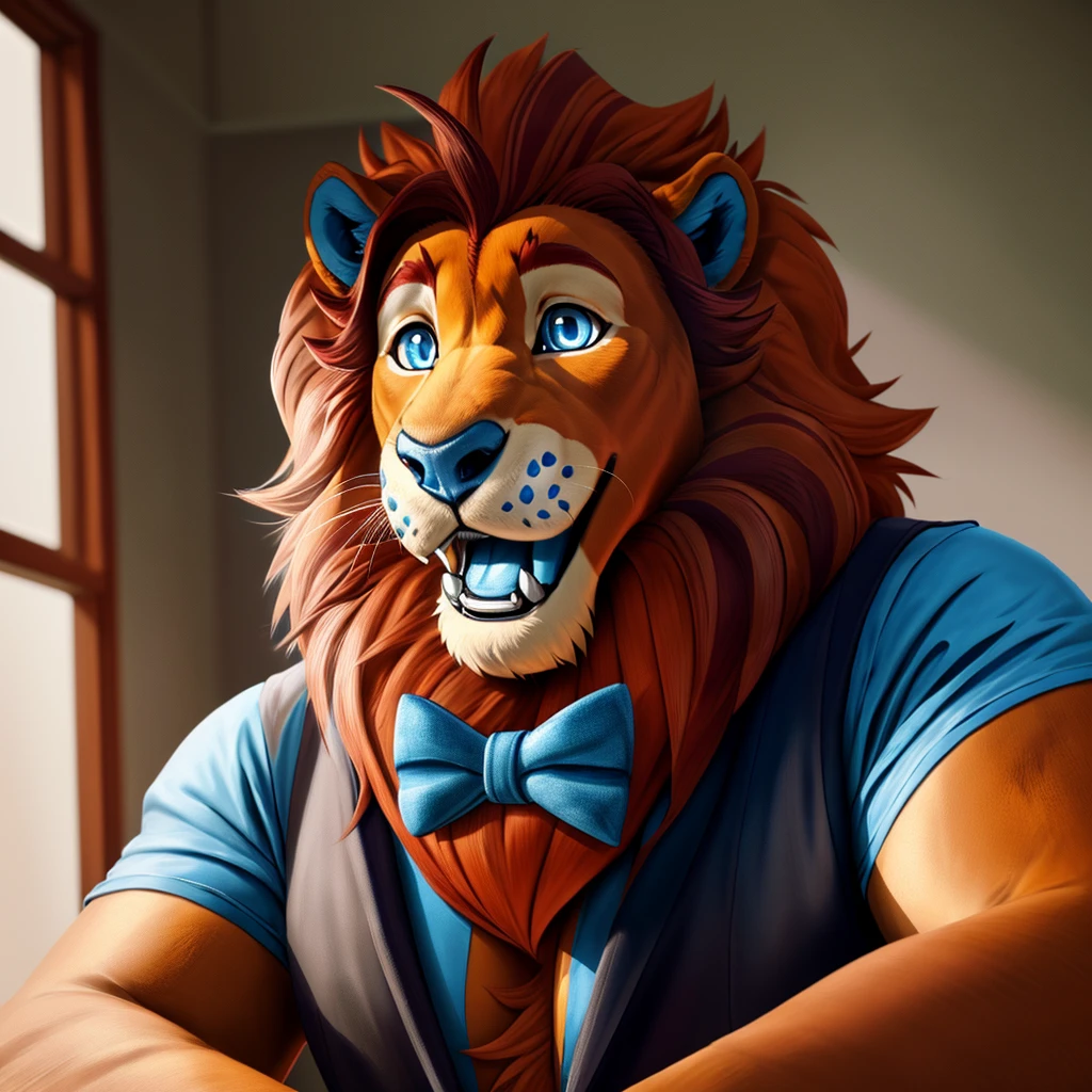 est anatomy, best quality, (furry art, soft shading:1.1), blue eyes, blue nose, mane, tail, solo, 4k, hi res, ((detailed face, detailed eyes)), smile, open mouth, simple background, looking at viewer, shirt, vest, bow tie, Lion, 5 fingers, blue eyes, black nose, blue claws ,standing in a bedroom, masterpiece, Ultra highest quality, Intricate, Ultra heavy High Detail, dramatic, realism, erection, thick cock, realistic, sitting, furry, day, looking_at_viewer, Ultra heavy detailed eyes, Ultra heavy detailed body, Ultra detailed heavy face, Ultra heavy detailed cock, Ultra heavy detailed balls, expressive,