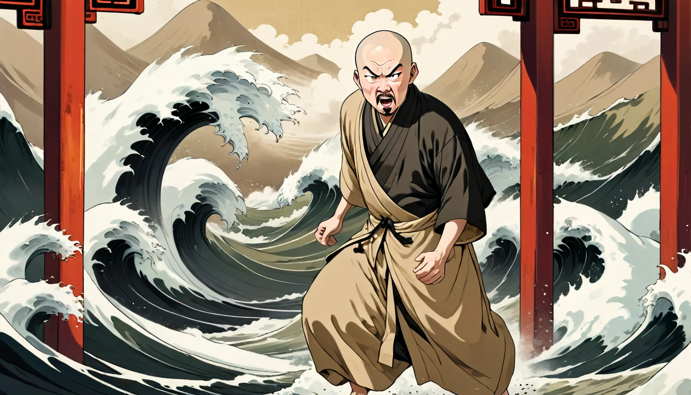 a middle-aged chinese monk named ken, square face, olive skin, black eyes, bald head, goatee, forehead scar, wearing beige traditional chinese robe, black cloth shoes, facing giant waves, expression of shock