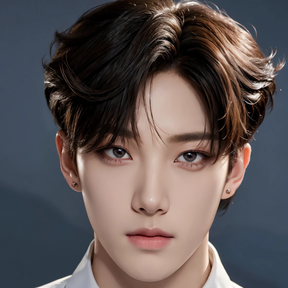 professional portrait photograph, handsome young man, model, crew cut, detailed face, detailed eyes, plain background, kpop