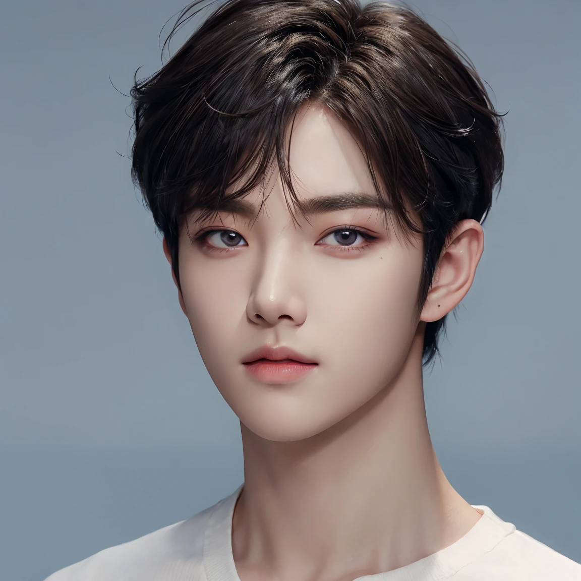 professional portrait photograph, handsome young man, model, crew cut, detailed face, detailed eyes, plain background, kpop