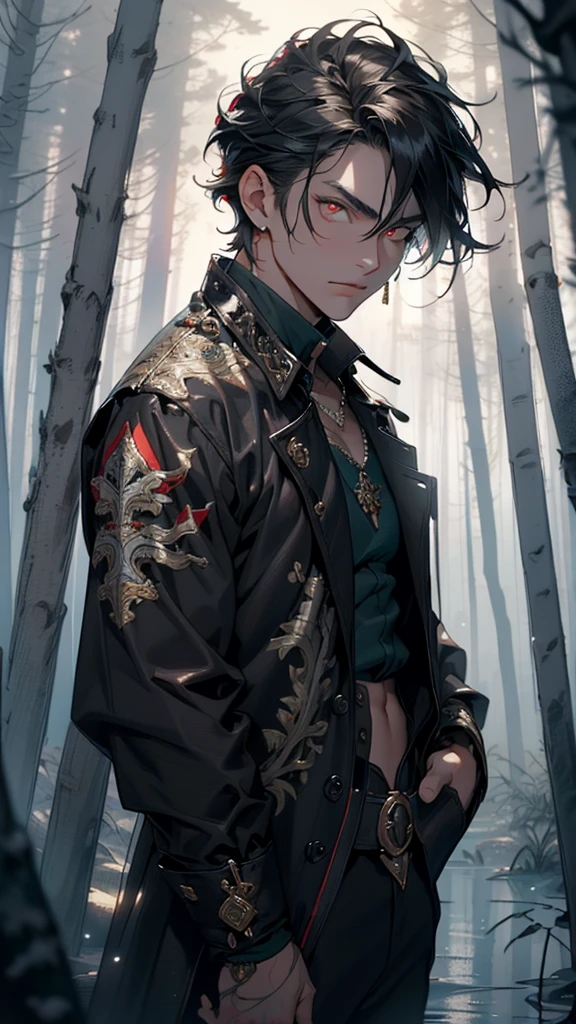 young man,male,light modern clothes,18 years old,(black hair:1.2),short detailed hair,(((red_eyes:1.3))),intricate eyes,beautiful detailed eyes,symmetrical eyes,big eyes:1.5, handsome man,
man:1.5,1 man,(male,muscle,1boy, 1 boy,pectoral,man chest, muscular),young,((1male,1 male,1man,man,male gender:1.5,handsome man,male focus)),perfect face, nice hair style,perfect proportions,((detailed face)), 

expressive eyes,serious face,evil eyes,

(ultra-detailed:1.3),beautiful detailed glow,finely detailed,ultra-detailed, 

Sweatshirt,sweater,(navel),(snowflake necklace), winter clothes,(((intricate outfit,intricate clothes,embroidered outfit,ornate outfit,embroidered clothes,ornate clothes))),(((crystal outfit,trench coat))),

(dynamic pose:1.0),serious and thoughtful,man embarrassed,(centered,scale to fit dimensions,Rule of thirds),

((snowy pine forest at night, dark forest, swamp, murky water, foggy, creepy aura, eerie atmosphere)),with dark stormy clouds,winter,scenery:1.25,intricate scenery,((snow forest background)),Christmas tree,

(Glossy winter ornaments),highres,sharp focus,(ultra detailed,extremely detailed),(photorealistic artwork:1.37),(extremely detailed CG unity 8k wallpaper),(((vibrant colors,vibrant theme))),(intricate),(masterpiece),(best quality),