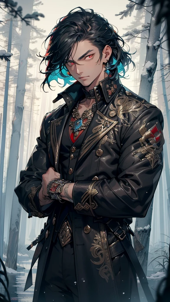 young man,male,light modern clothes,18 years old,(black hair:1.2),short detailed hair,(((red_eyes:1.3))),intricate eyes,beautiful detailed eyes,symmetrical eyes,big eyes:1.5, handsome man,
man:1.5,1 man,(male,muscle,1boy, 1 boy,pectoral,man chest, muscular),young,((1male,1 male,1man,man,male gender:1.5,handsome man,male focus)),perfect face, nice hair style,perfect proportions,((detailed face)),
expressive eyes,serious face,evil eyes,
(ultra-detailed:1.3),beautiful detailed glow,finely detailed,ultra-detailed,
Sweatshirt,sweater,(navel),(snowflake necklace), winter clothes,(((intricate outfit,intricate clothes,embroidered outfit,ornate outfit,embroidered clothes,ornate clothes))),(((crystal outfit,trench coat))),
(dynamic pose:1.0),serious and thoughtful,man embarrassed,(centered,scale to fit dimensions,Rule of thirds),
((snowy pine forest at night, dark forest, swamp, murky water, foggy, creepy aura, eerie atmosphere)),with dark stormy clouds,winter,scenery:1.25,intricate scenery,((snow forest background)),Christmas tree,
(Glossy winter ornaments),highres,sharp focus,(ultra detailed,extremely detailed),(photorealistic artwork:1.37),(extremely detailed CG unity 8k wallpaper),(((vibrant colors,vibrant theme))),(intricate),(masterpiece),(best quality),
