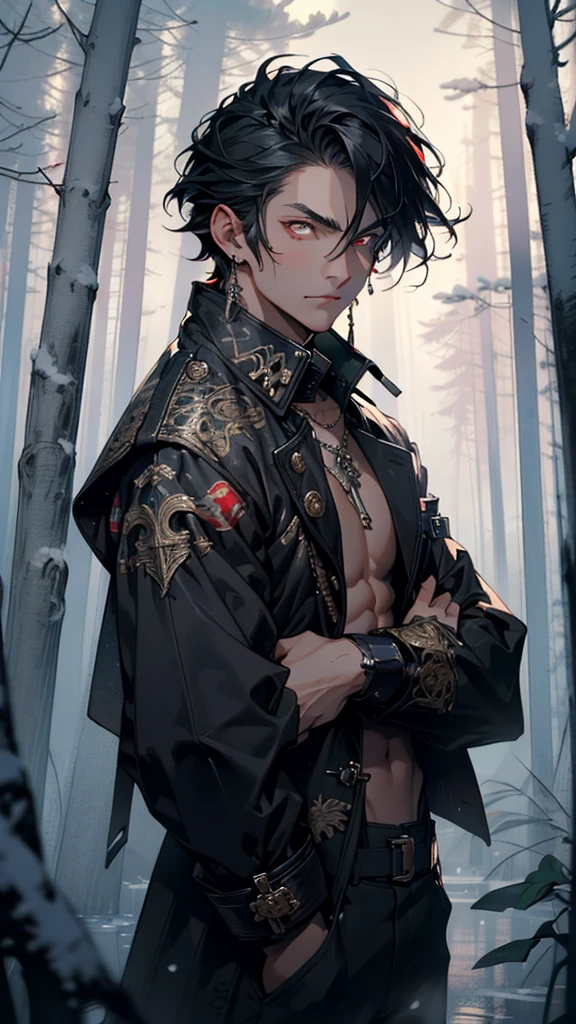 young man,male,light modern clothes,18 years old,(black hair:1.2),short detailed hair,(((red_eyes:1.3))),intricate eyes,beautiful detailed eyes,symmetrical eyes,big eyes:1.5, handsome man,
man:1.5,1 man,(male,muscle,1boy, 1 boy,pectoral,man chest, muscular),young,((1male,1 male,1man,man,male gender:1.5,handsome man,male focus)),perfect face, nice hair style,perfect proportions,((detailed face)), 

expressive eyes,serious face,evil eyes,

(ultra-detailed:1.3),beautiful detailed glow,finely detailed,ultra-detailed, 

Sweatshirt,sweater,(navel),(snowflake necklace), winter clothes,(((intricate outfit,intricate clothes,embroidered outfit,ornate outfit,embroidered clothes,ornate clothes))),(((crystal outfit,trench coat))),

(dynamic pose:1.0),serious and thoughtful,man embarrassed,(centered,scale to fit dimensions,Rule of thirds),

((snowy pine forest at night, dark forest, swamp, murky water, foggy, creepy aura, eerie atmosphere)),with dark stormy clouds,winter,scenery:1.25,intricate scenery,((snow forest background)),Christmas tree,

(Glossy winter ornaments),highres,sharp focus,(ultra detailed,extremely detailed),(photorealistic artwork:1.37),(extremely detailed CG unity 8k wallpaper),(((vibrant colors,vibrant theme))),(intricate),(masterpiece),(best quality),